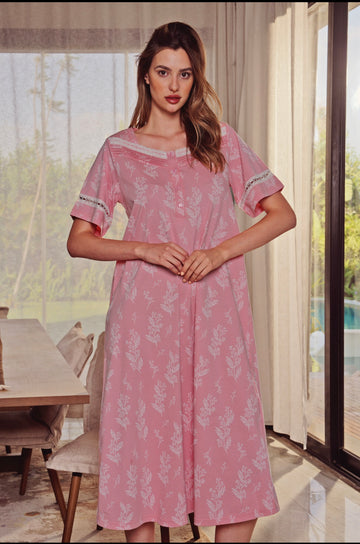 Feather Print Cotton Lace Night Dress
