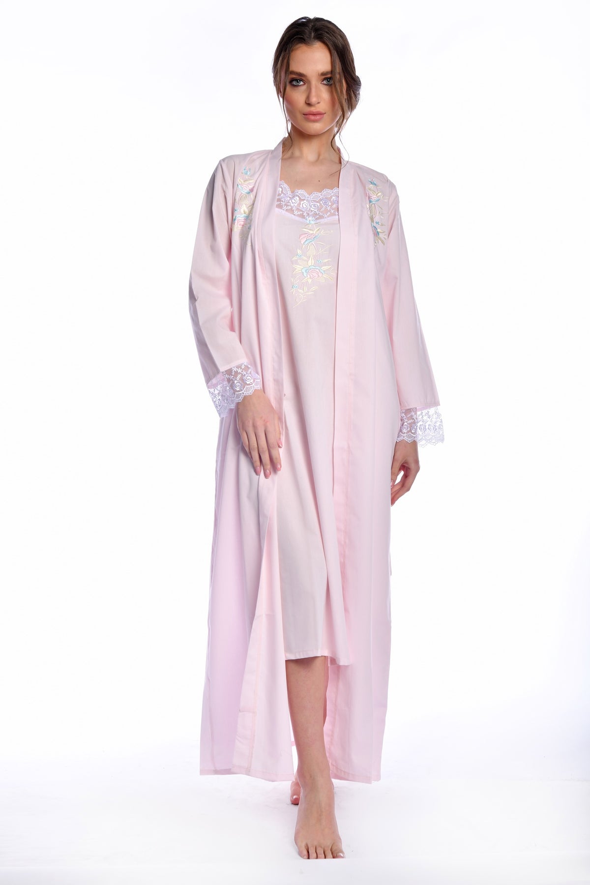 Lining Night Robe Linen Embroidery Nightdress Robe Set